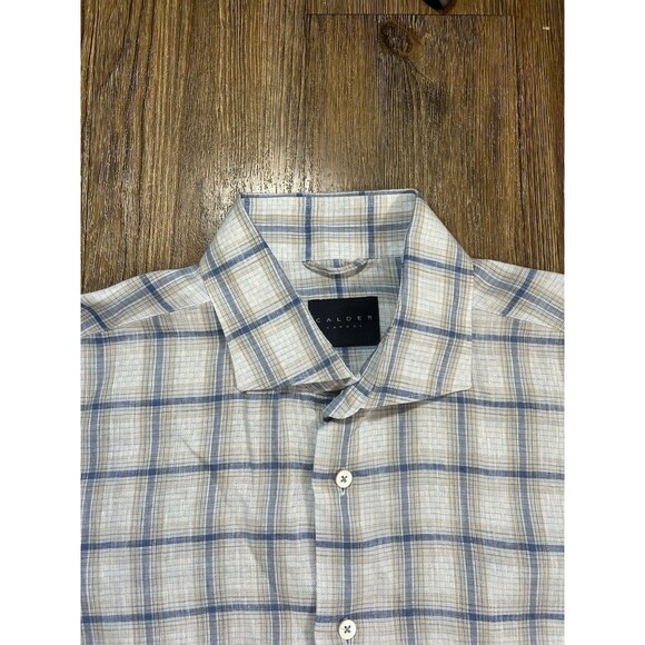 CALDER Carmel Mens Shirt L Blue/Gray Plaid 100% Linen Limited Edition 1/70 - Picture 2 of 11